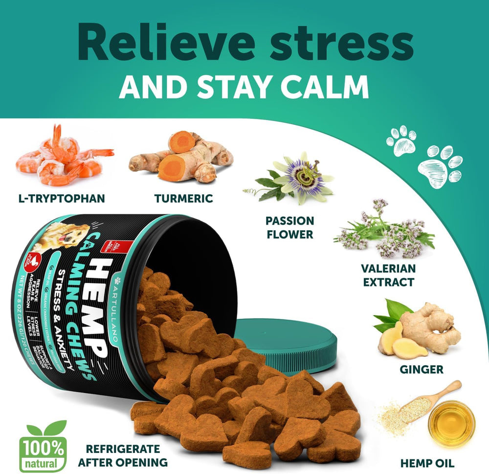 Artullano ingredients including hemp, turmeric and valerian for calm mood.