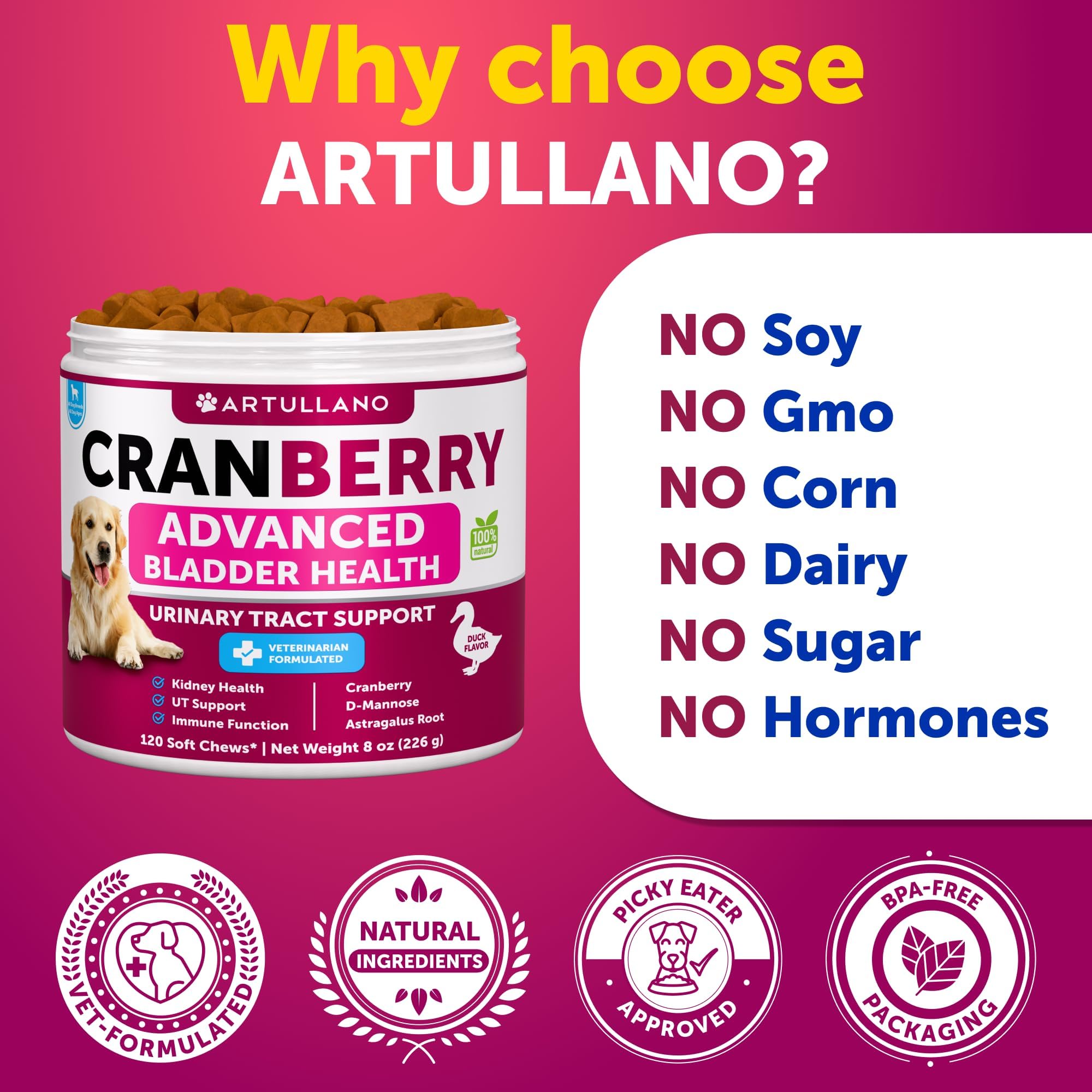 Artullano duck-flavor cranberry dog chews jar view hints convenient storage.
