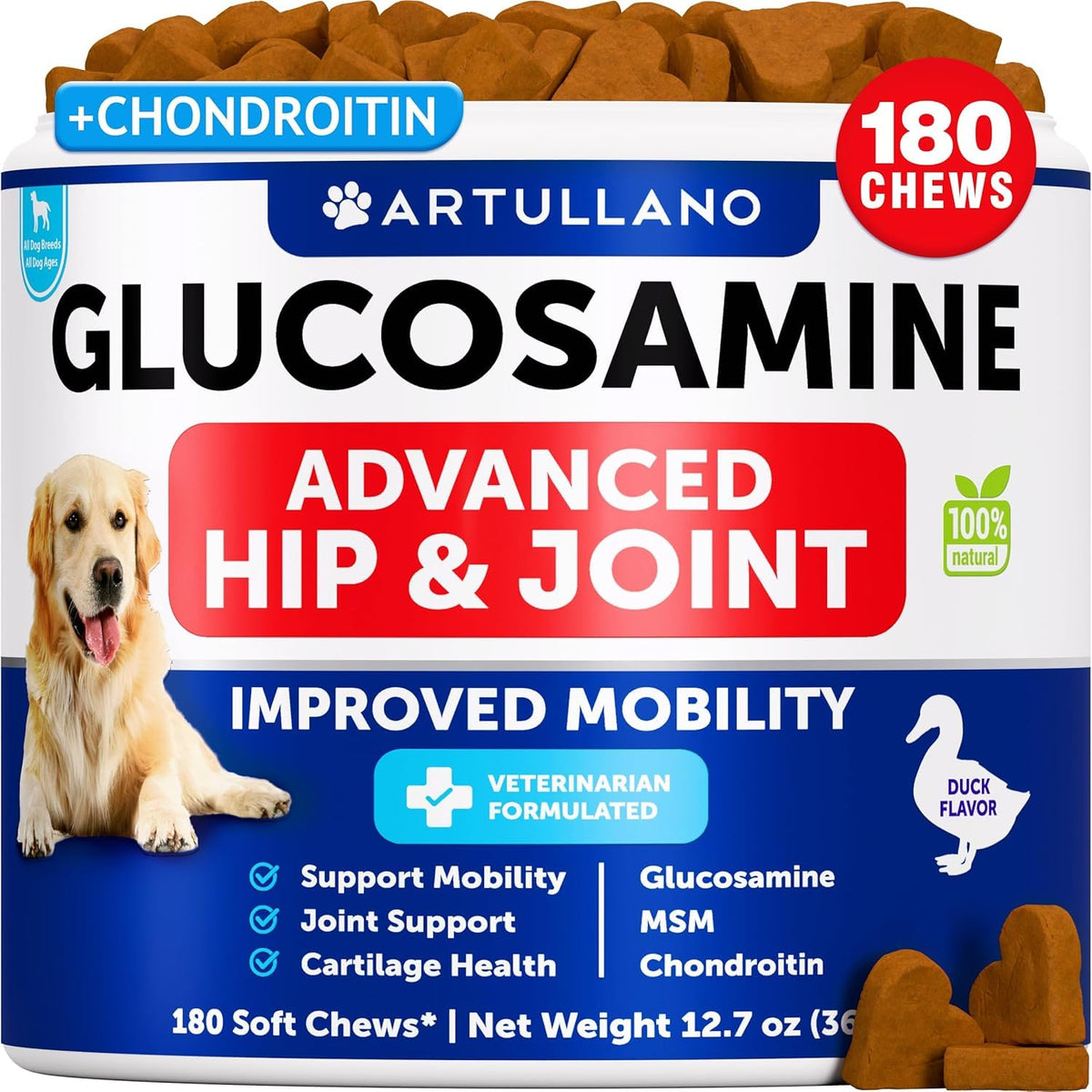 Artullano Glucosamine for Dogs bottle label highlights joint support benefits for active dogs.