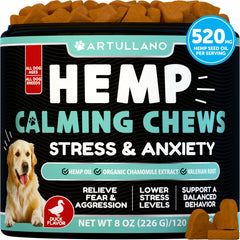 Artullano Hemp Calming Chews bottle promotes calm for anxious dogs.