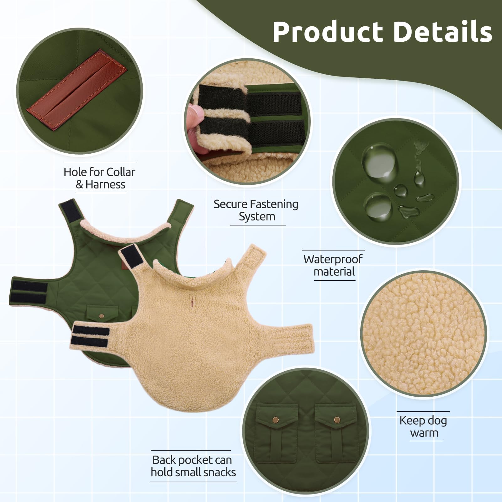 ASENKU coat neck leash hole design enables easy leash attachment.