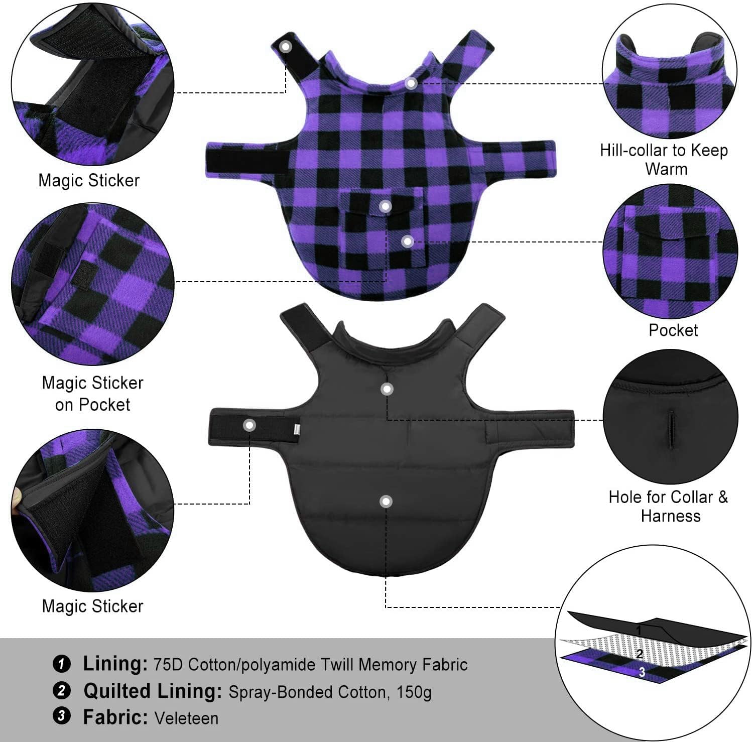 ASENKU dog jacket plaid reversible purple back pocket ready to store small items.