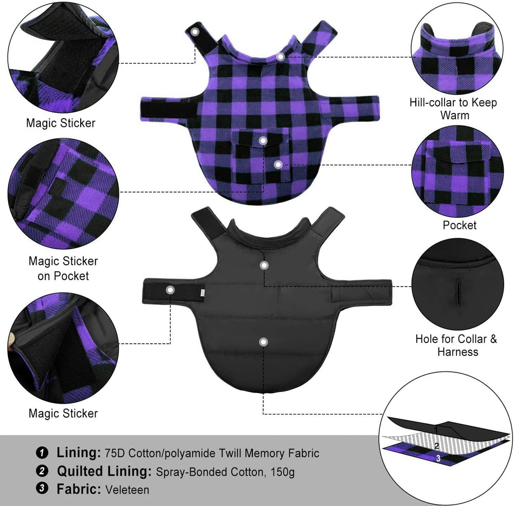 ASENKU dog jacket plaid reversible purple back pocket ready to store small items.