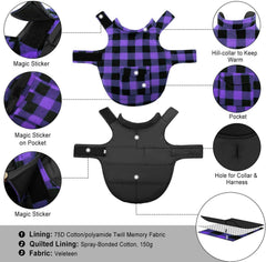 ASENKU dog jacket plaid reversible purple back pocket ready to store small items.