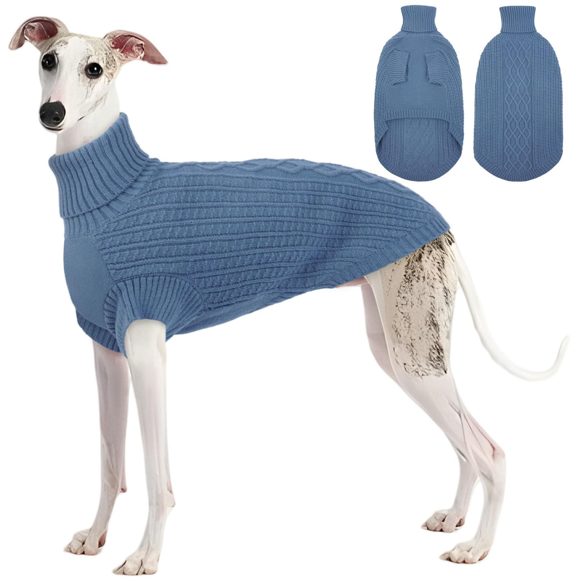 ASENKU dog sweater blue knit close-up showing cozy warmth and anti-pilling fabric.