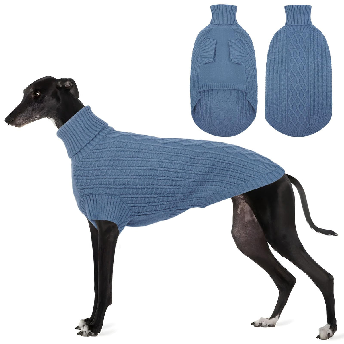 ASENKU dog sweater with elegant cable knit in blue showing premium warmth
