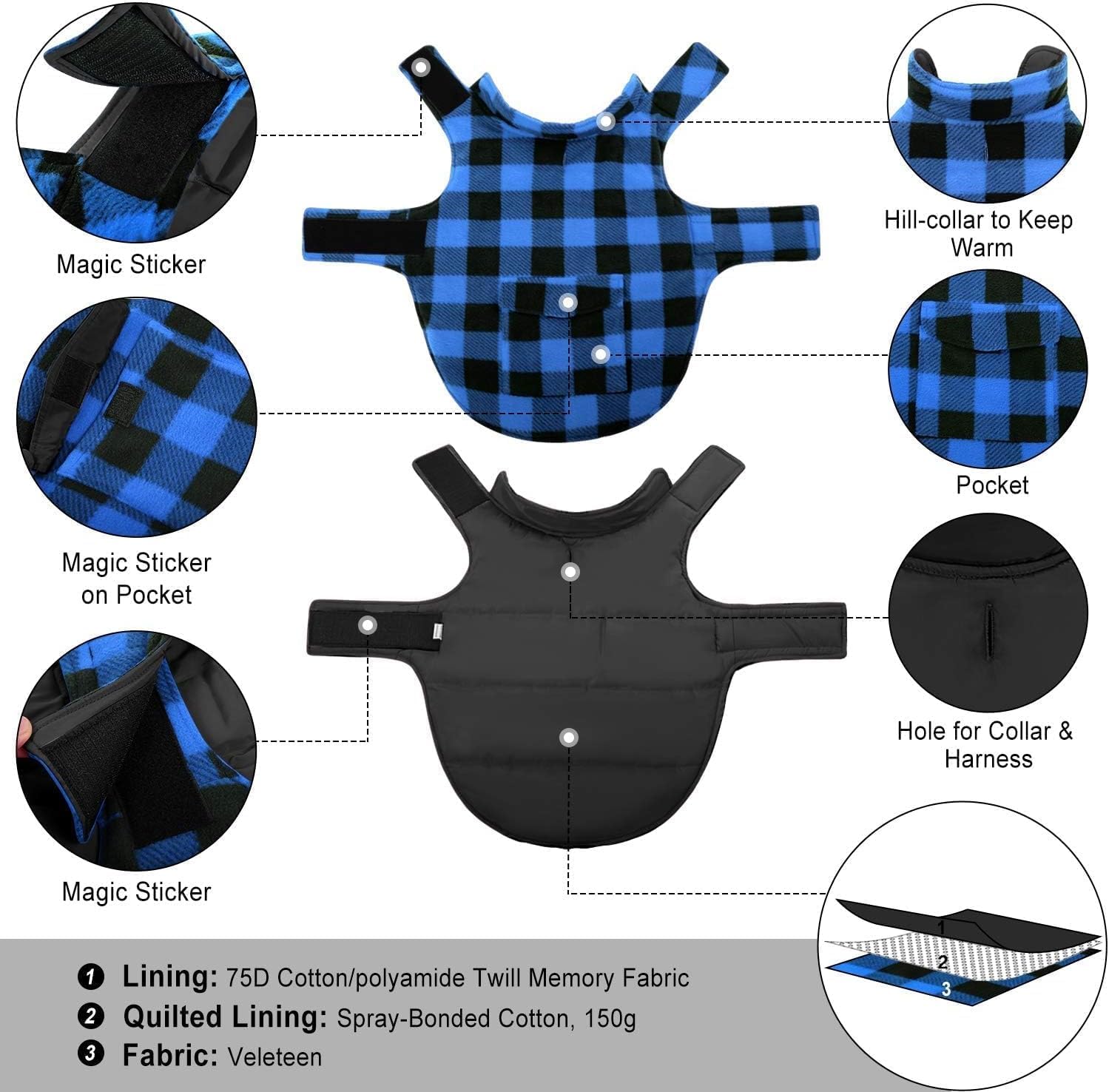 asenku dog winter coat plaid back pocket detail for small-item storage