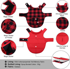 ASENKU dog winter coat back view emphasizes the plaid design and pocket.