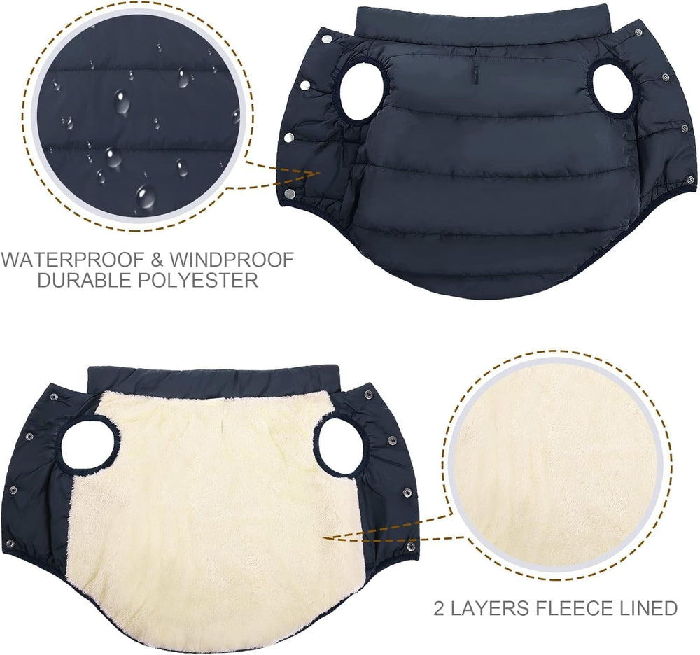 ASENKU dog winter coat with leash-hole close-up enables safe street walking.