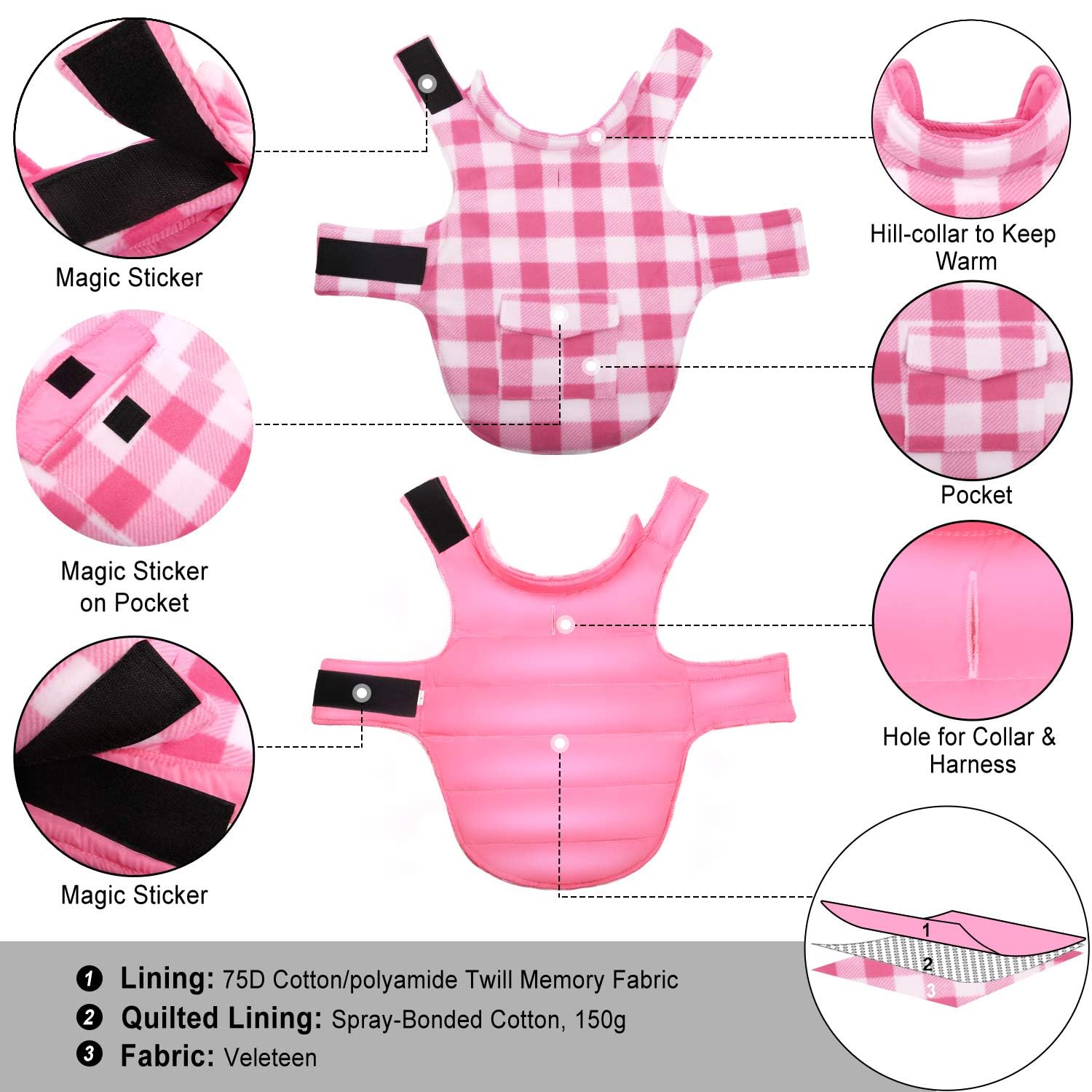 ASENKU dog winter coat pink plaid back pocket detail for small essentials.