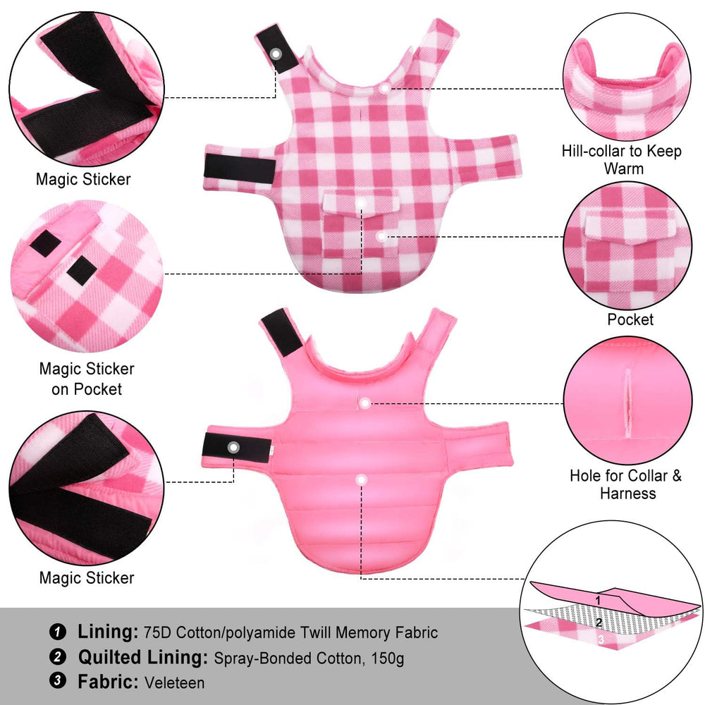 ASENKU dog winter coat pink plaid back pocket detail for small essentials.