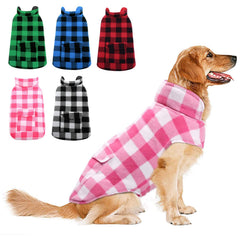 ASENKU dog winter coat pink plaid front view highlighting reversible design.