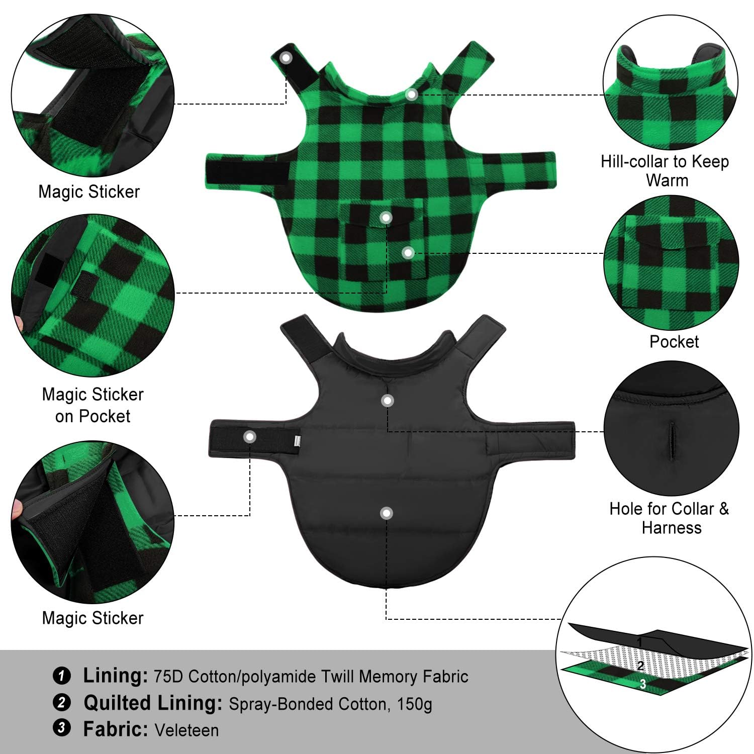 ASENKU Dog Winter Coat plaid reversible side shows versatile styling for indoors and outdoors