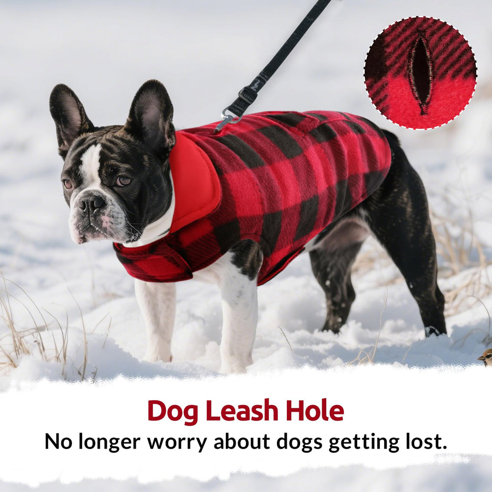 ASENKU dog winter coat plaid-side closeup shows plaid texture and pocket.