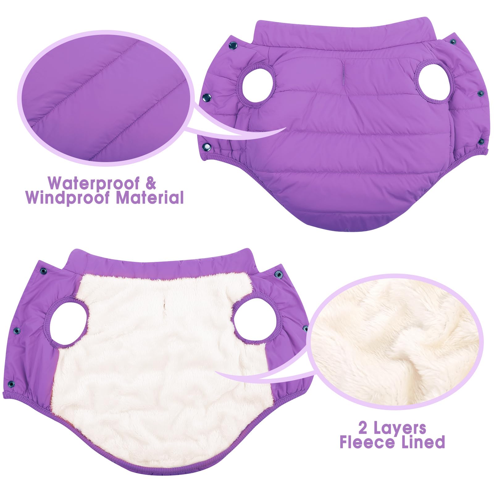 ASENKU dog winter coat purple four-snaps enable quick on/off and secure closure