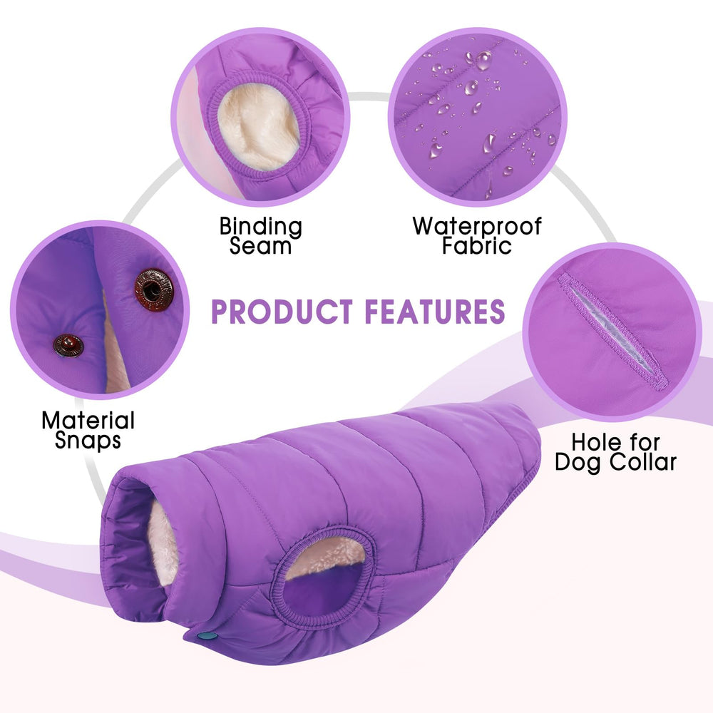 ASENKU dog winter coat purple back view shows windproof design and warm insulation