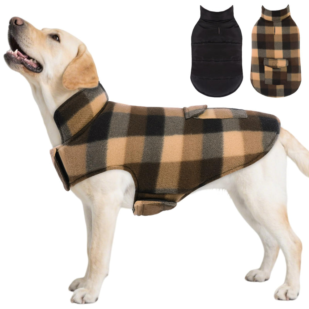 ASENKU dog winter jacket plaid reversible front view keeps dogs warm during chilly walks.