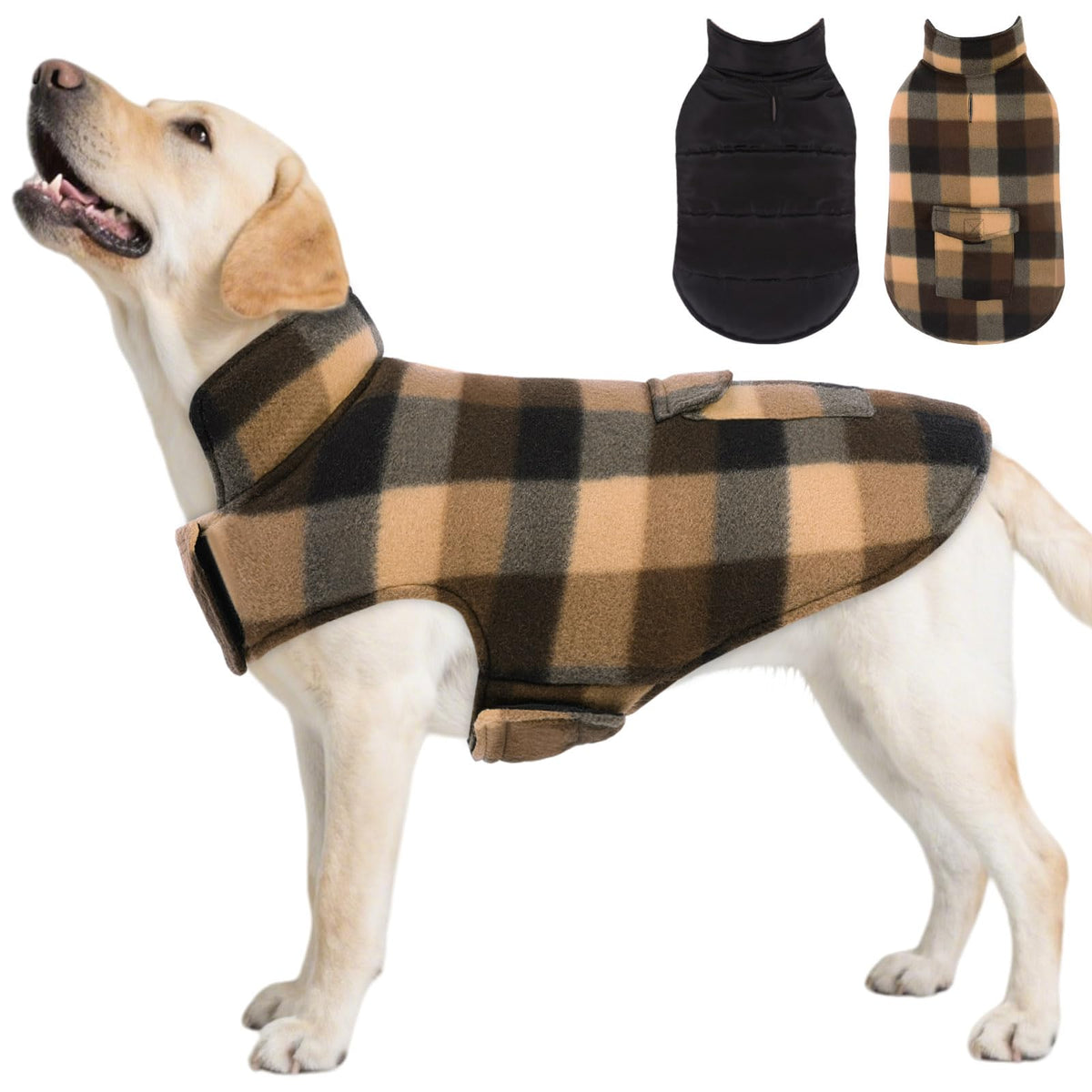 ASENKU dog winter jacket plaid reversible front view keeps dogs warm during chilly walks.