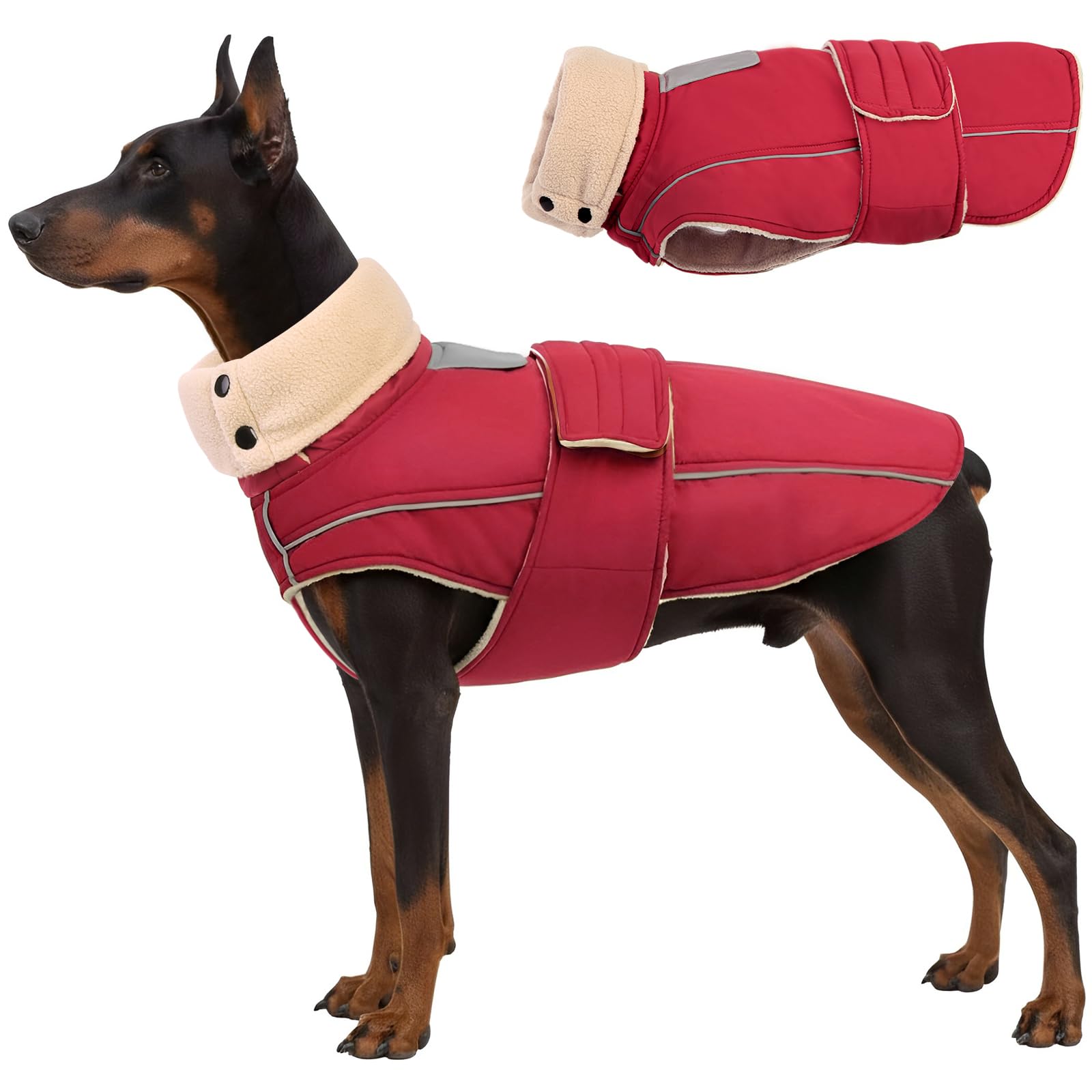ASENKU warm dog coat front view shows weather-ready red protection