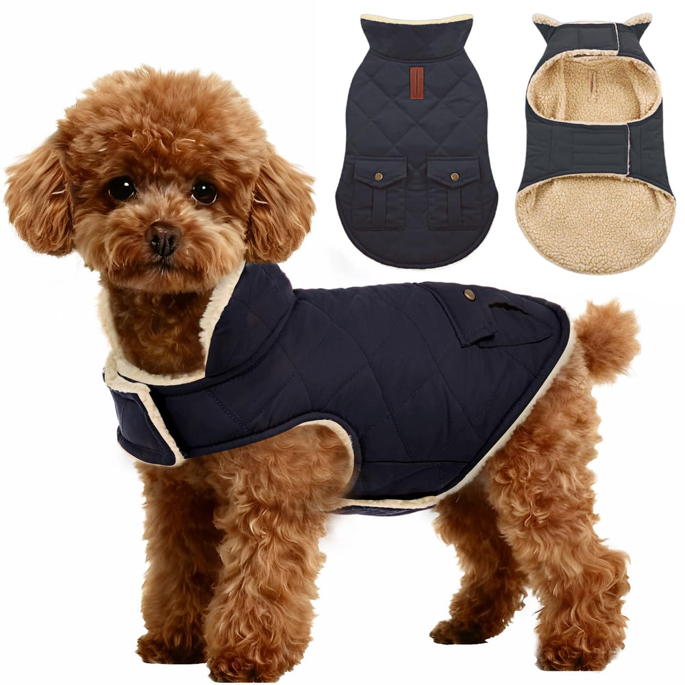 ASENKU warm dog winter coat navy blue large front view, windproof and waterproof protection.