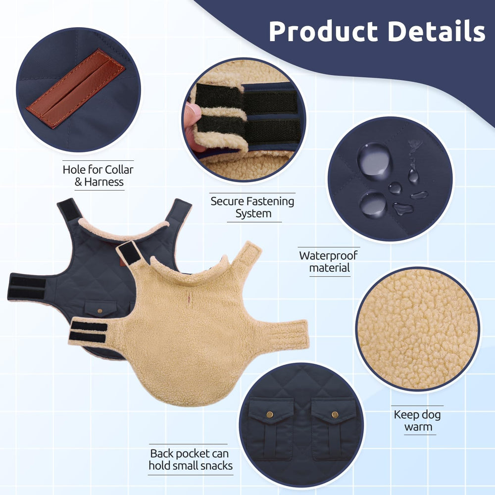 ASENKU warm dog coat leash hole and pocket feature for storage.