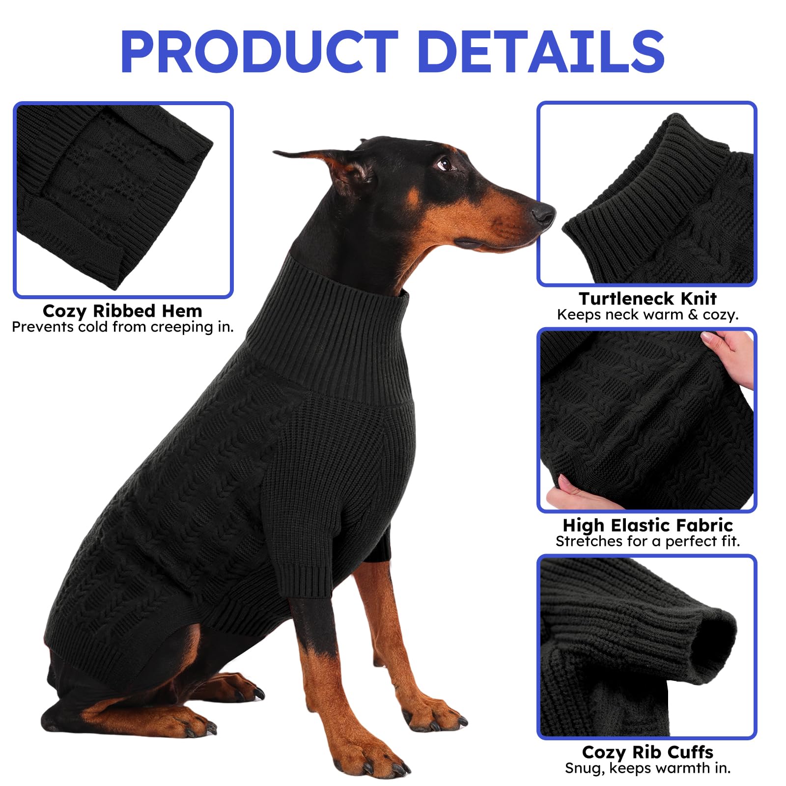 ASENKU knit-pattern sweater on dog in outdoor snow, warm yet breathable