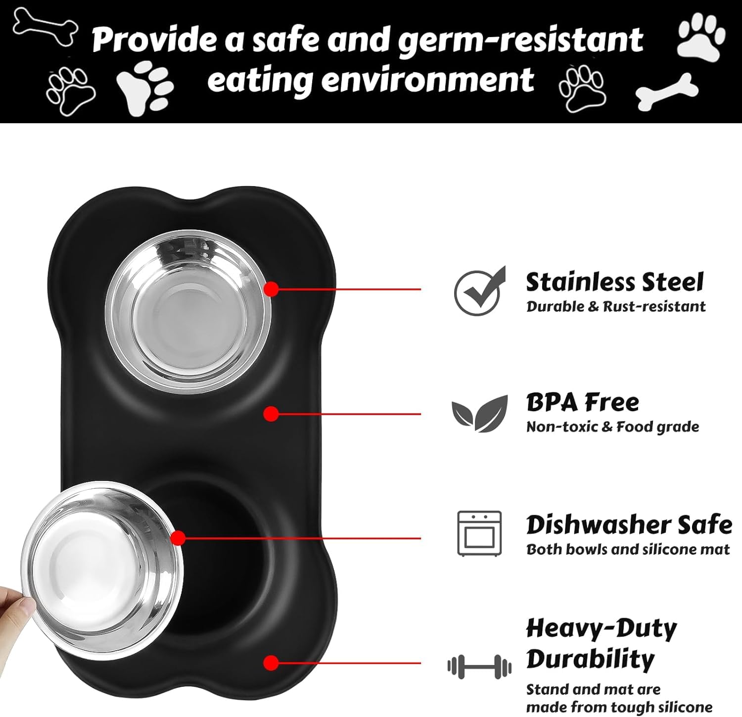 AsFrost dog bowls non-slip-silicone-mat keeps bowls in place.