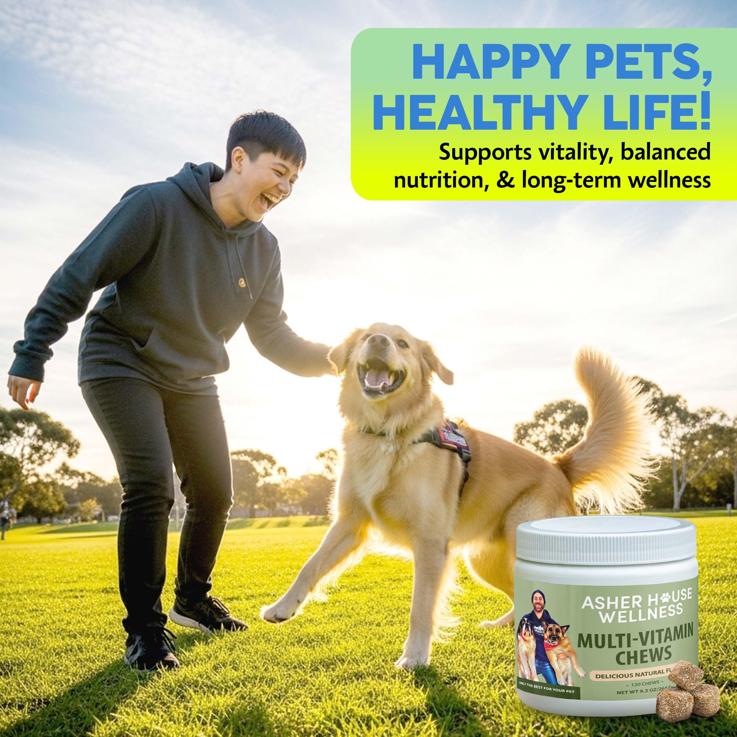 Asher House Wellness dog multivitamin chews 120-count container show long-term, reliable daily support.