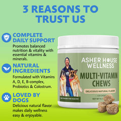 Asher House Wellness dog multivitamin chews flaxseed-omega3 promote skin, coat wellness and overall vitality.