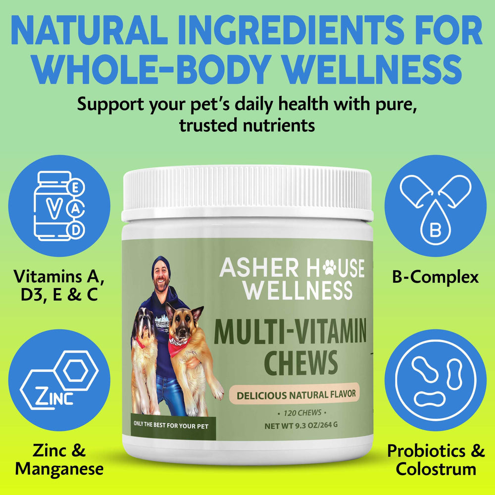 Asher House Wellness dog multivitamin chews natural-flavor illustrate easy daily supplementation for picky eaters.