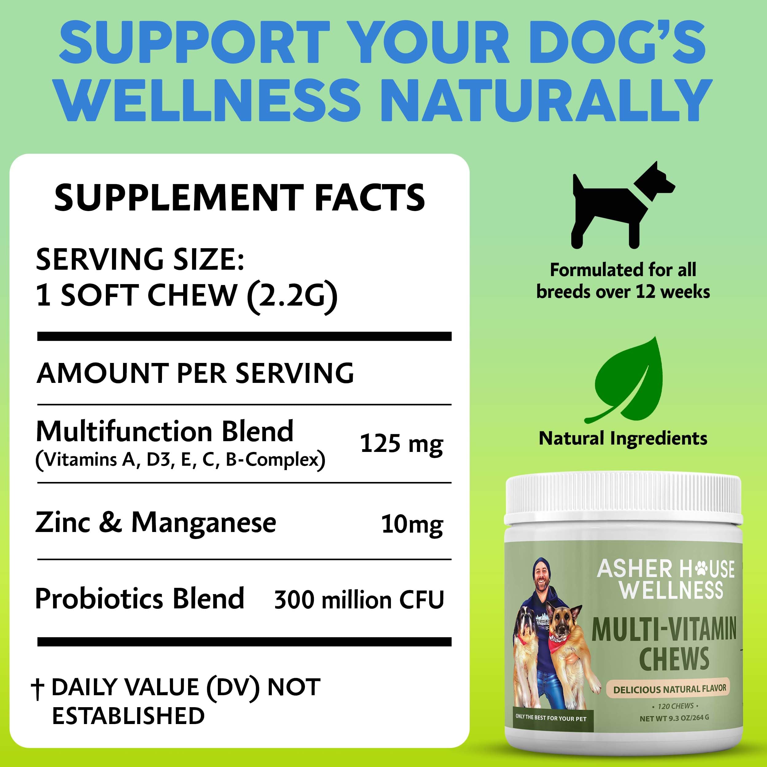 Asher House Wellness dog multivitamin chews probiotics-colostrum emphasize gut health and immune support.