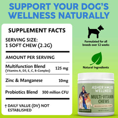 Asher House Wellness dog multivitamin chews probiotics-colostrum emphasize gut health and immune support.