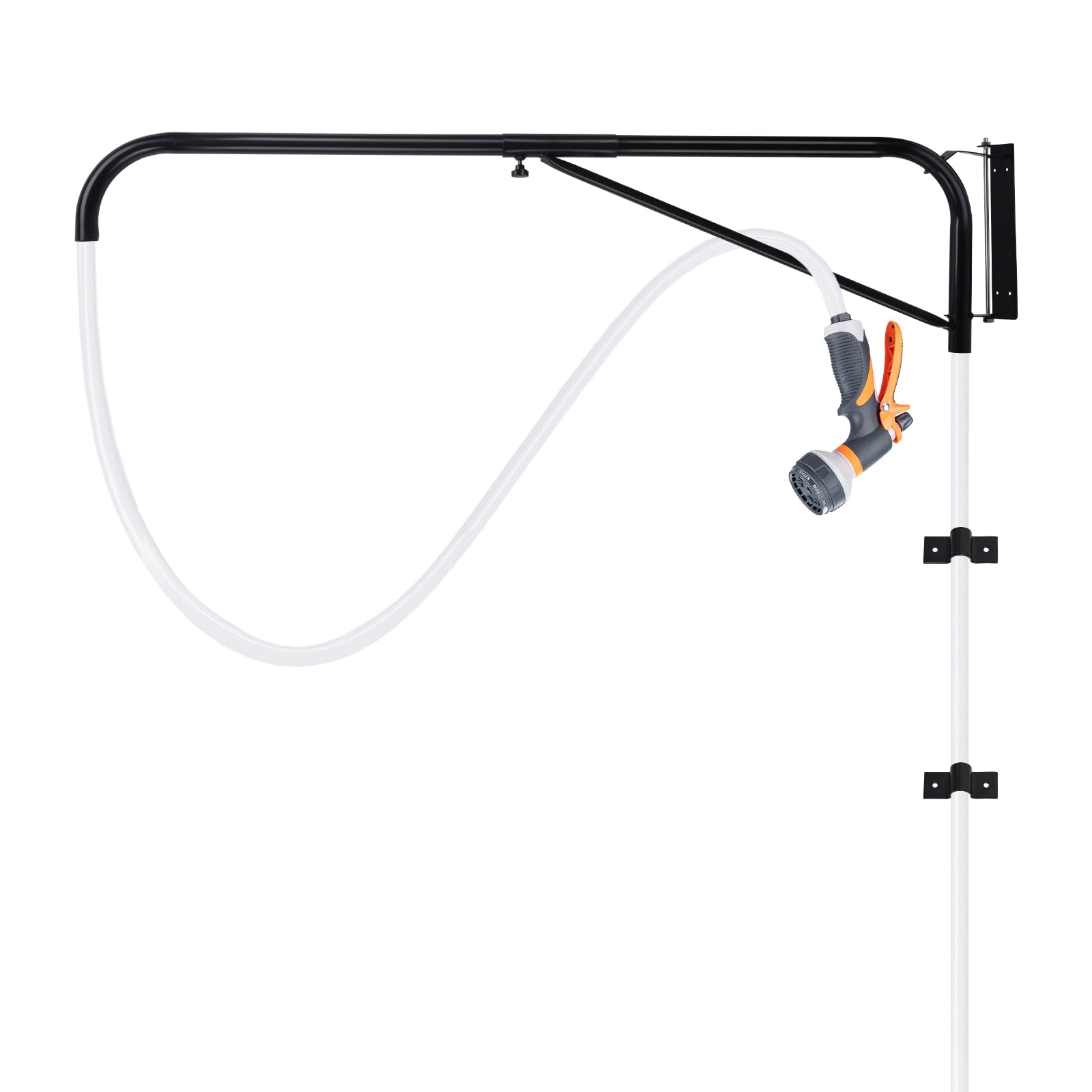 AshKiz hose boom wall mount keeps the hose off the ground for faster cleaning.
