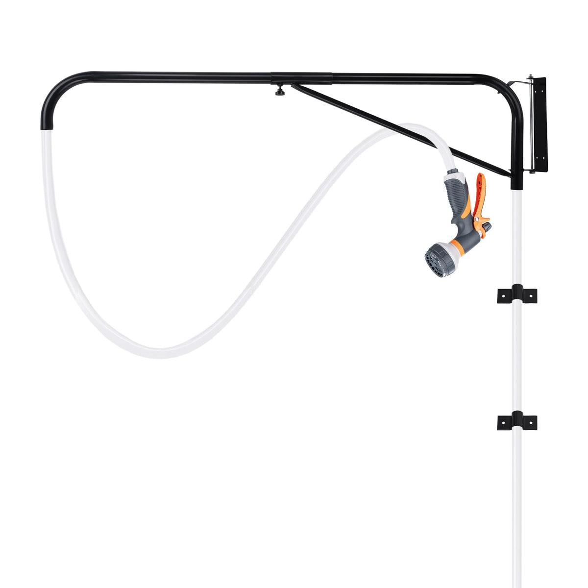 AshKiz hose boom wall mount keeps the hose off the ground for faster cleaning.