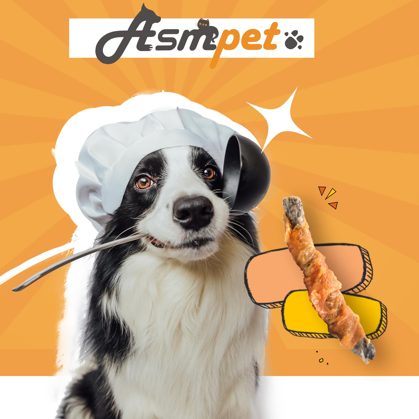ASMPET dog chewing cod skin stick demonstrating durable texture