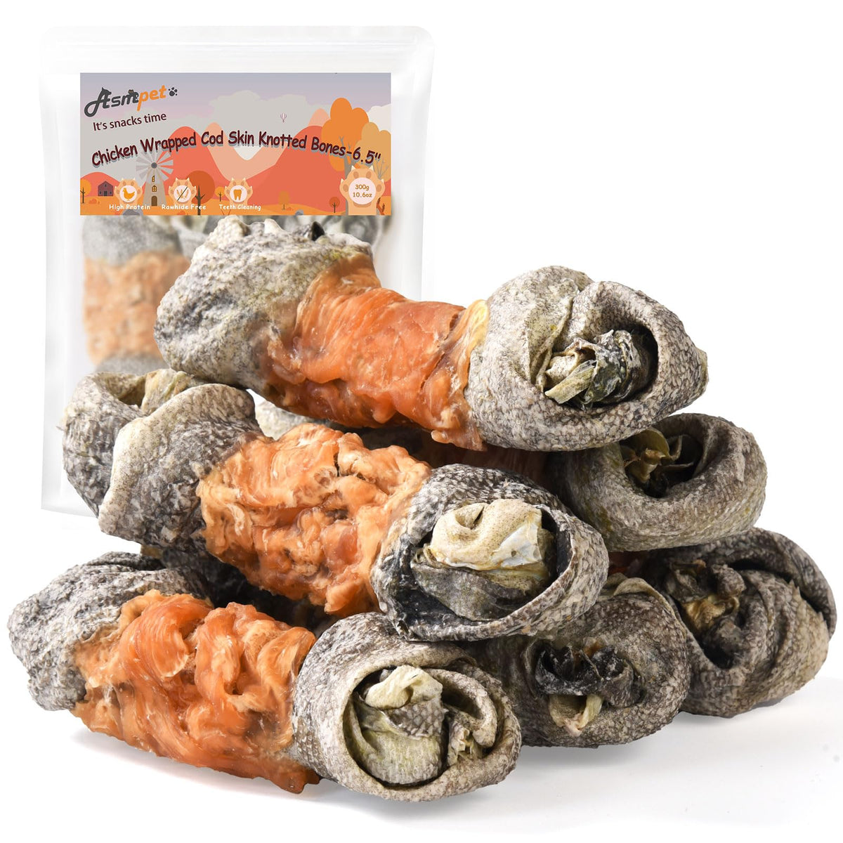 ASMPET Dog Cod Skin Treats packaging with resealable pouch for freshness on the go.