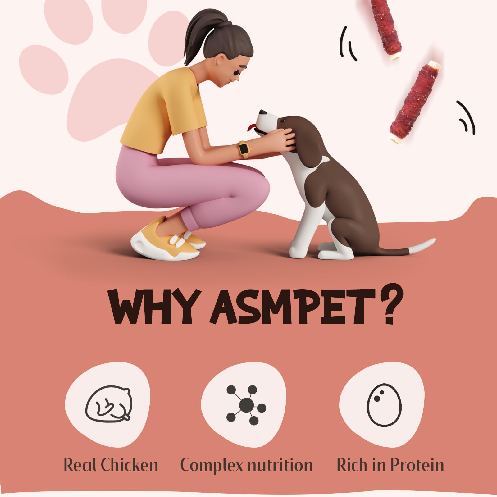 ASMPET Bones nutrition highlights real chicken, beefhide, and sweet potato.