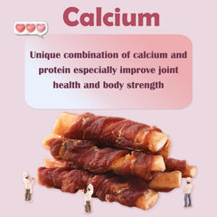 ASMPET non-rawhide chews close-up illustrate safe, absorbable snack for dogs.