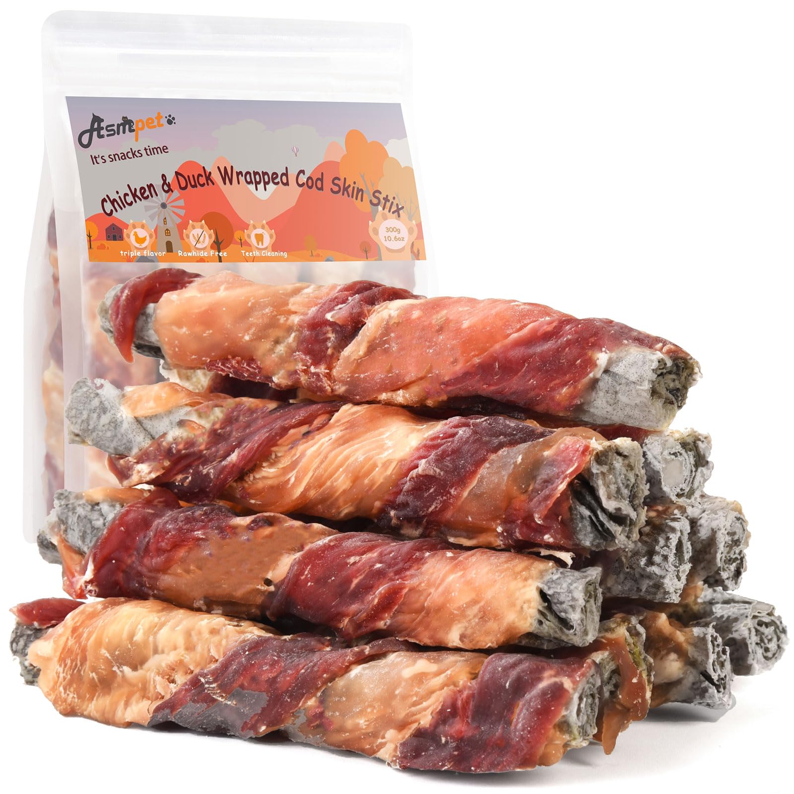 ASMPET palitos de piel de bacalao con pollo y pato, snack sabroso para perros.