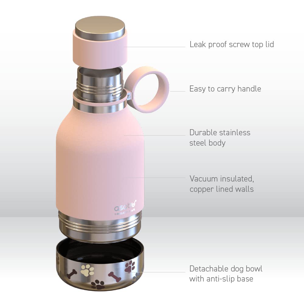 Asobu Buddy Bottle pink removable dog water bowl enables quick water access.