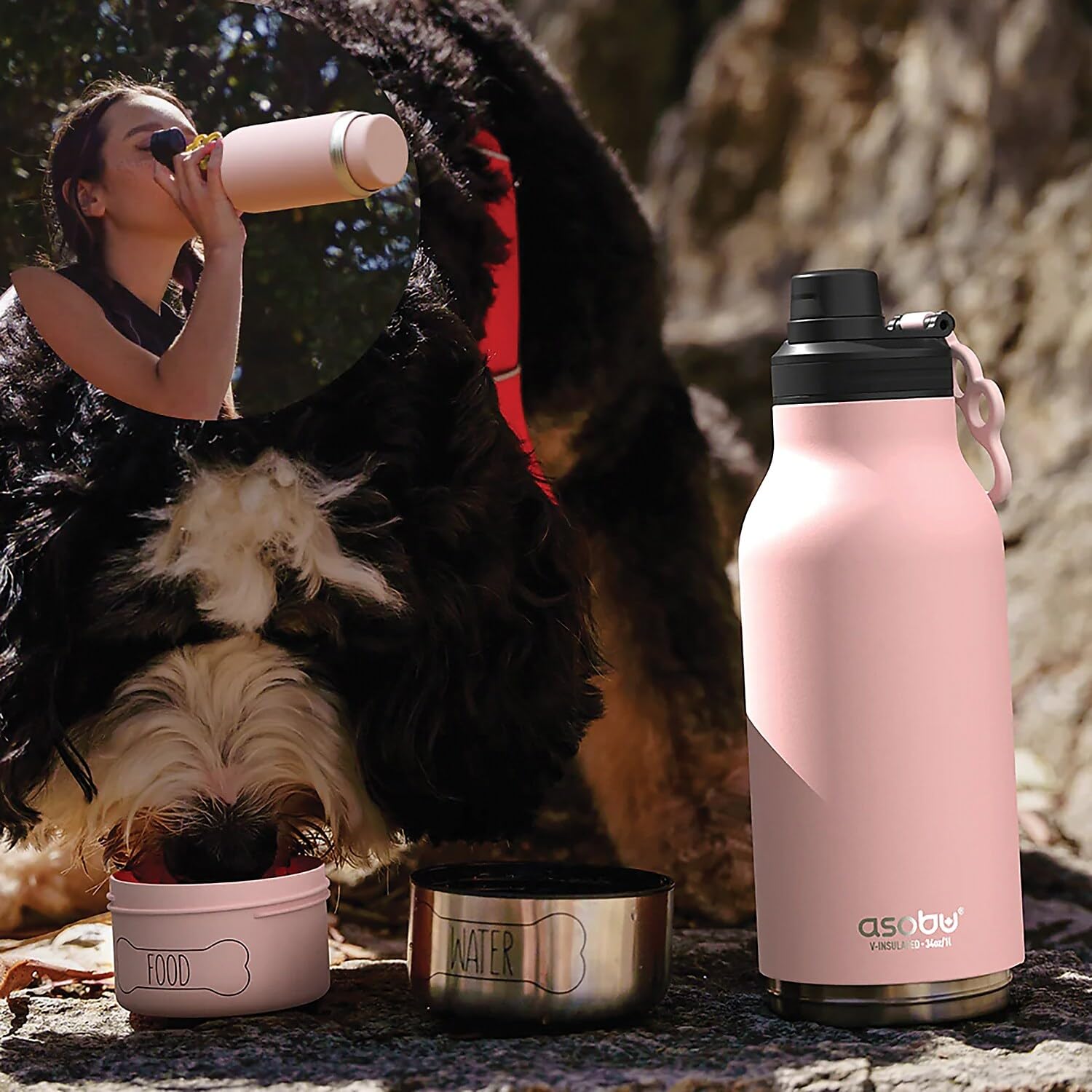 Asobu Dog Barky Bottle side view shows removable bowls for water and snacks.
