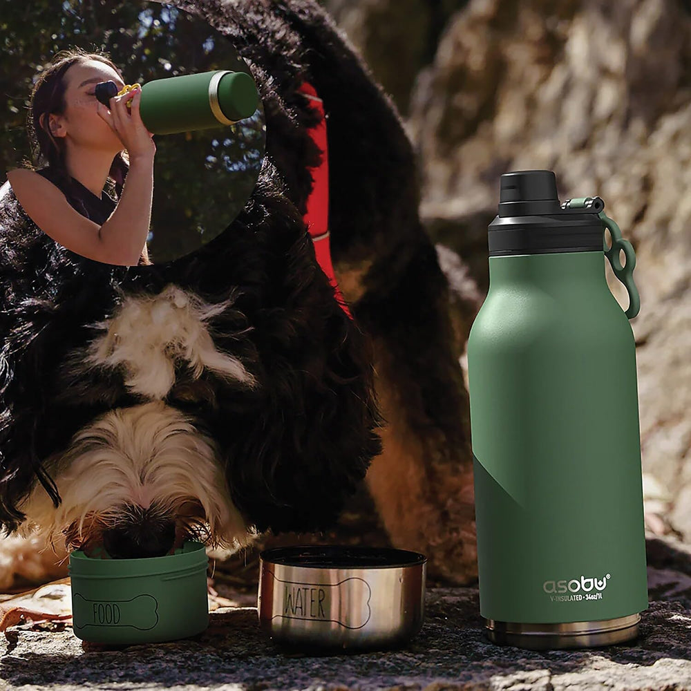 Asobu Dog Barky Bottle side view highlights leak-proof stainless build for rugged adventures.