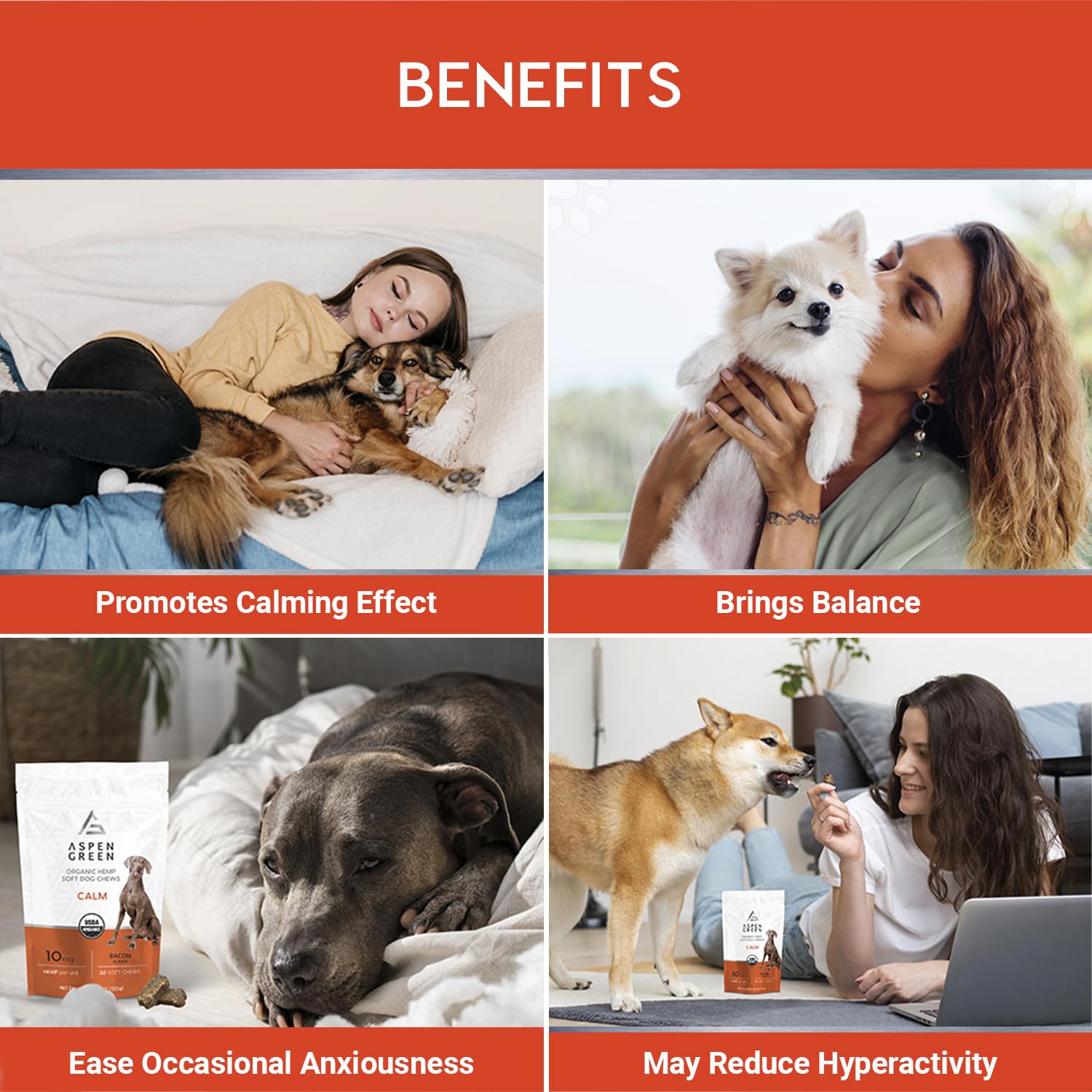 Aspen Green veterinarian-formulated chews for dogs shown in a bowl for calm moments.
