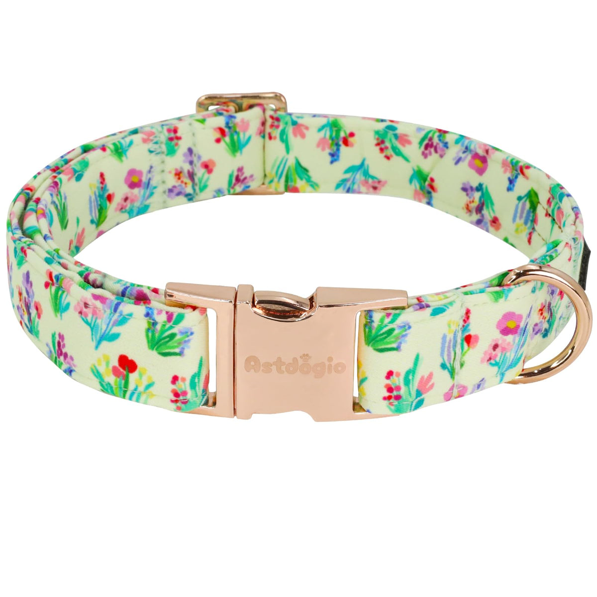 Astdogio floral dog collar on a sunny yellow background adds bright daily-walk style.