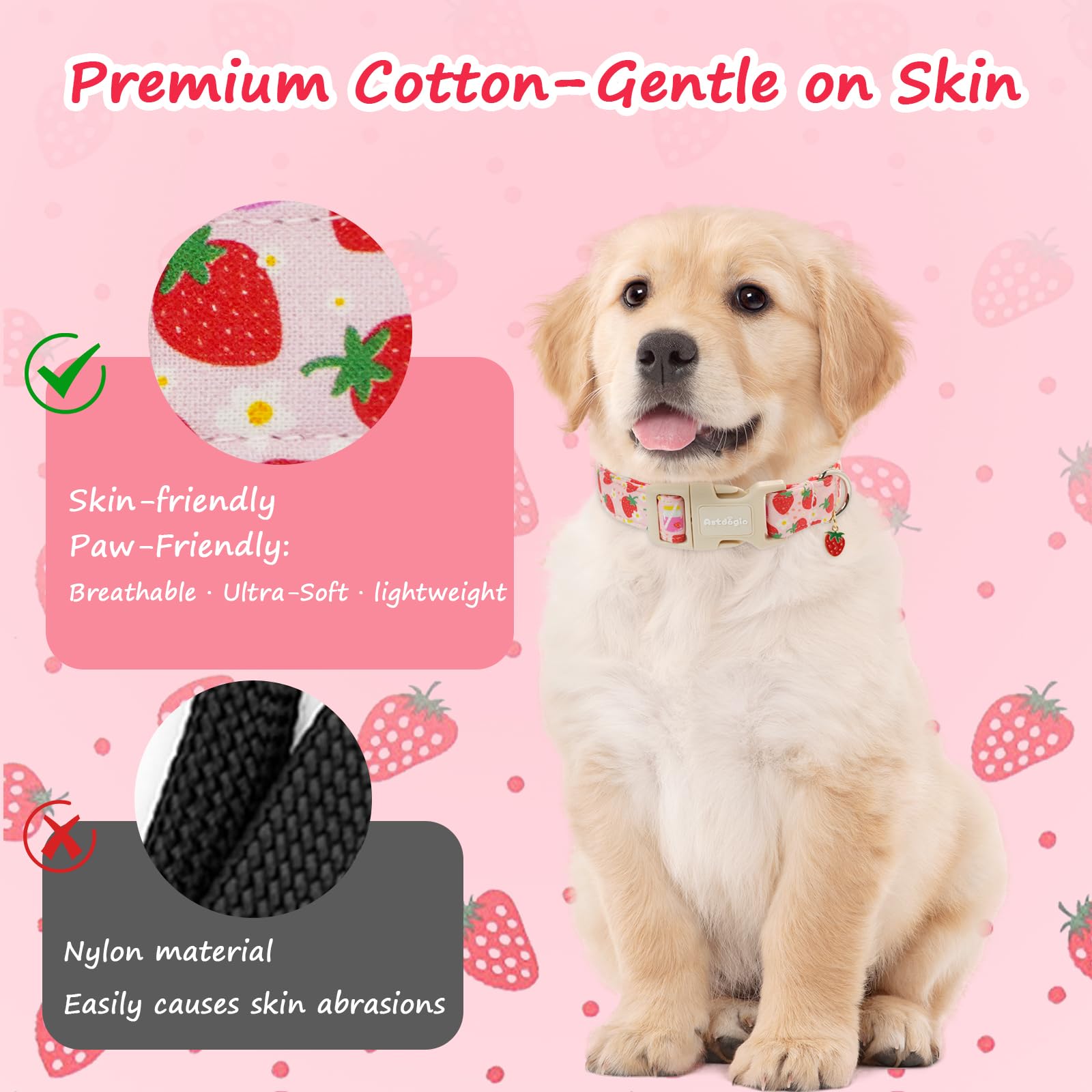 Astdogio Strawberry dog collar on-dog photo demonstrates adorable everyday style