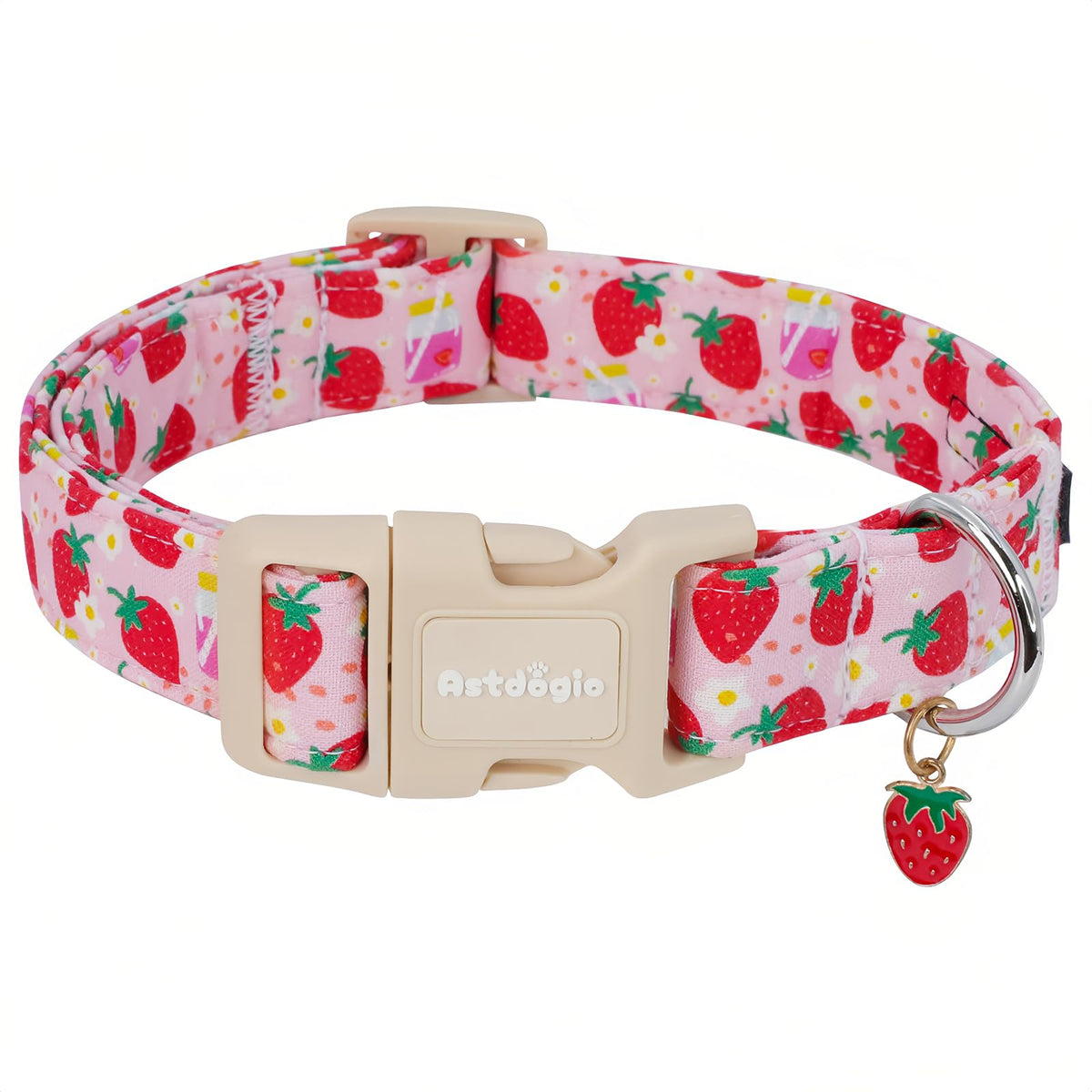 Astdogio Strawberry dog collar pink fabric closeup shows soft comfort for everyday walks