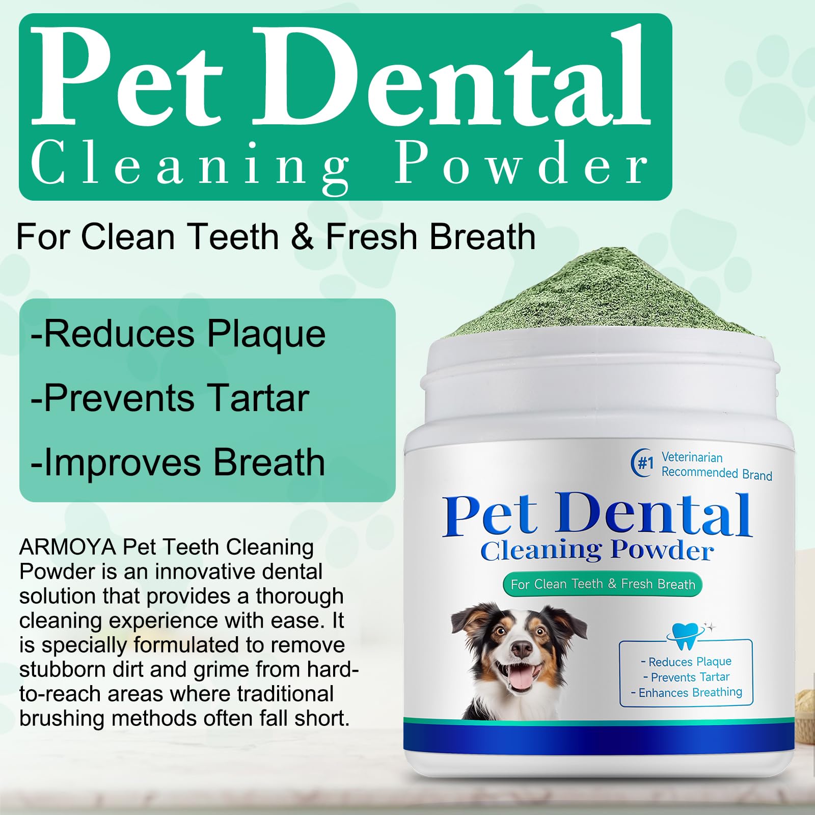 asusxcli dog dental powder label closeup shows probiotic formula for fresh breath