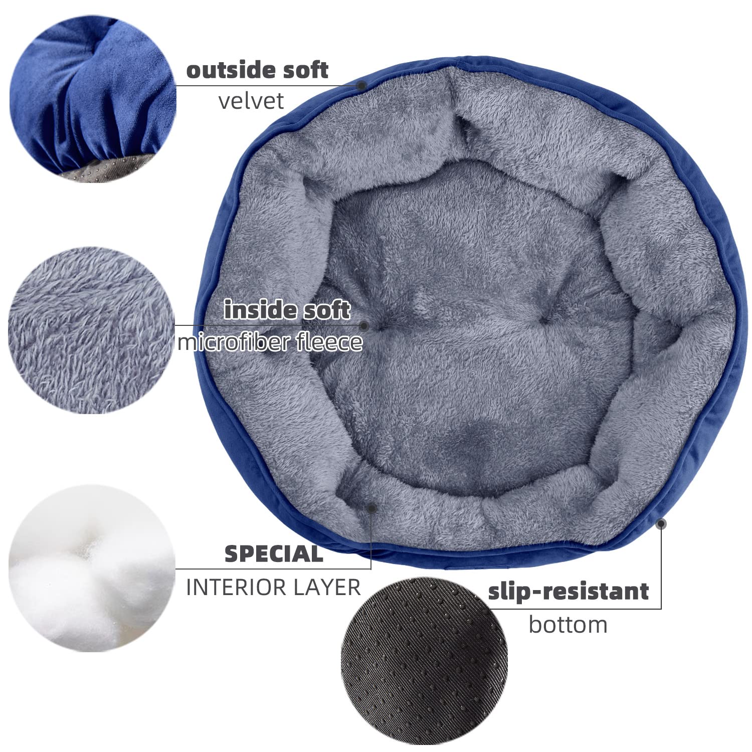 Asvin small dog bed blue anti-slip bottom demonstrates stable placement on slick floors.