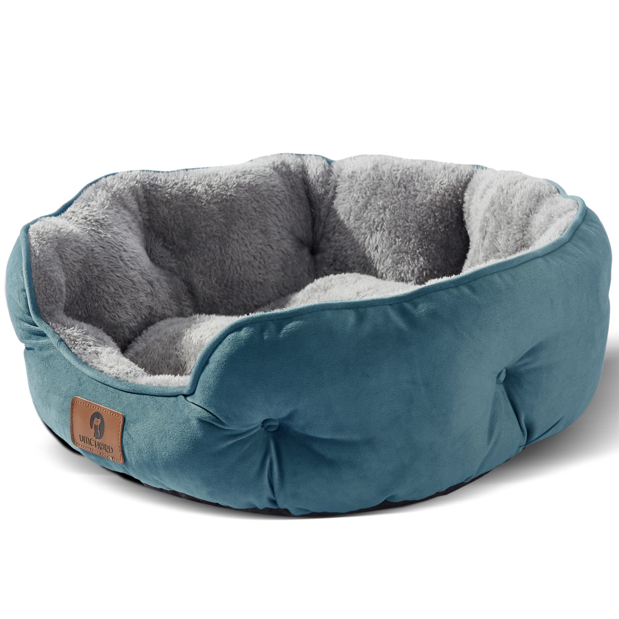 Asvin small dog bed teal close-up shows cozy Sherpa softness for restful naps.
