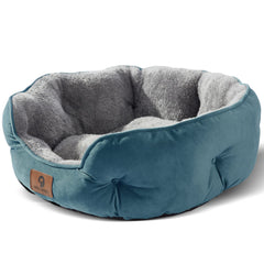 Asvin small dog bed teal close-up shows cozy Sherpa softness for restful naps.